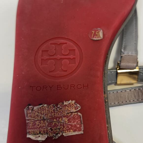 Tory Burch Women Gray Leather T Strap Thong Sandal Size 7.5M Gold Tone Logo - Picture 10 of 10